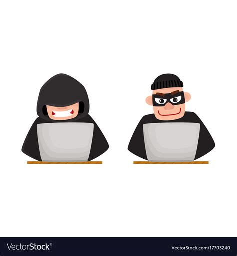 Cartoon Hackers Using Laptop For Computer Attack Vector Image