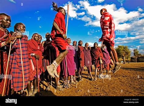 Maasai Warrior Jumping Dance Leap Into The Air To Demonstrate Stock
