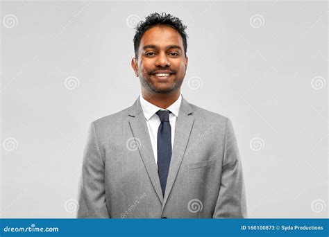 Smiling Indian Businessman Over Grey Background Stock Image Image Of