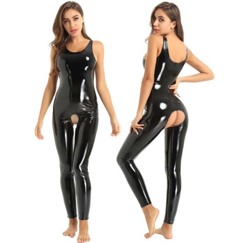 Women Wet Look Jumpsuit Bodysuit Open Crotch Patent Leather Catsuit