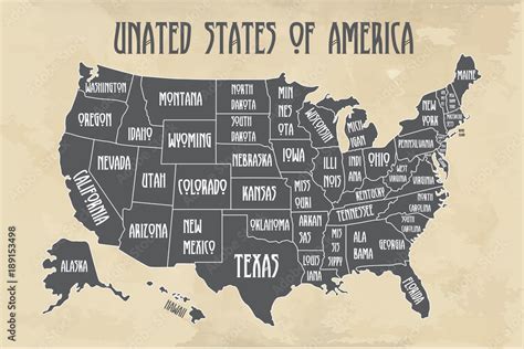 Fototapeta Plakatowa Mapa Stanów Zjednoczonych Ameryki Z Nazwami Stanów