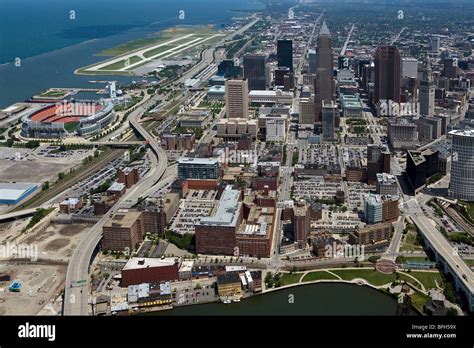 Aerial View Above Downtown Cleveland Ohio Stadium Burke Lakefront