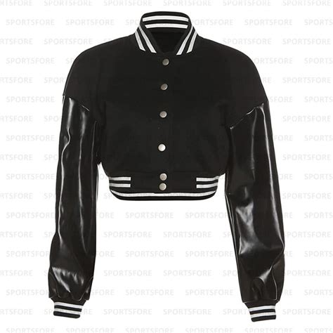 women cropped leather sleeve varsity letterman baseball black jackets