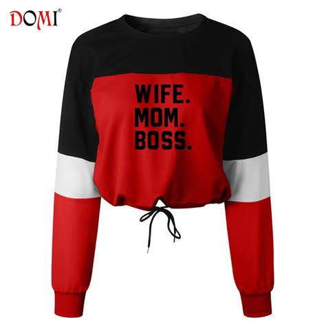 Girl Wife Mom Boss Letter Printed Sweatshirts Domi O Neck Patchwork Street Style Lace Up Crop