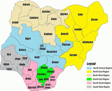 Map Of Nigeria Showing The Six Regions 36 States And Federal Capital