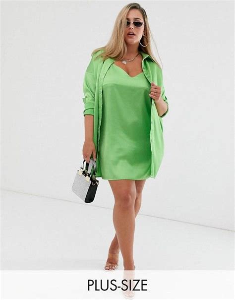 Missguided Plus Satin Shirt And Cami Dress Two Piece In Lime Asos