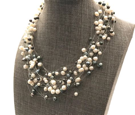Multi Strand Floating Illusion Pearl Necklace Cultured Pearls Etsy