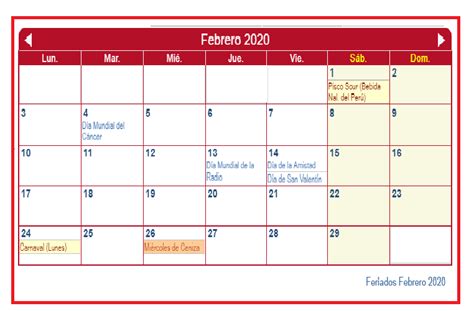 Calendario Febrero 2020 Con Festivos Imprimible In 2020