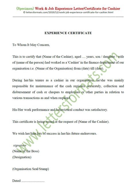 Work And Job Experience Lettercertificate Sample For Cashier