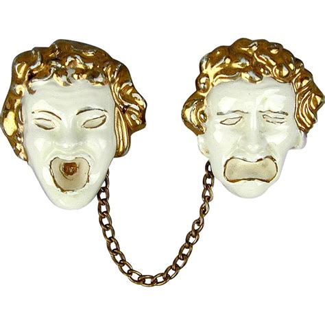 Vintage 1950s Comedy Tragedy Porcelain Face Mask Pins Chained