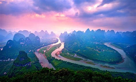 1080p Free Download Sunset Over Li River Panorama Forest China