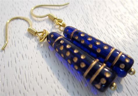Blue And Gold Czech Glass Tapered Cone Bead Earrings 16 00 Via Etsy