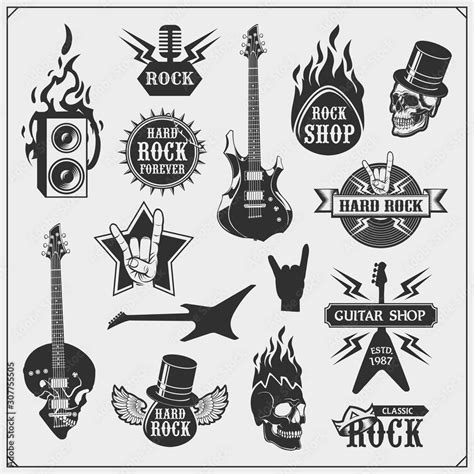 Rocknroll And Hard Rock Music Emblems Symbols Labels And Design
