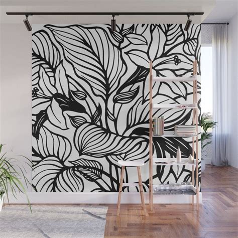 White Black Floral Minimalist Wall Mural Wall Murals Diy Wall Murals