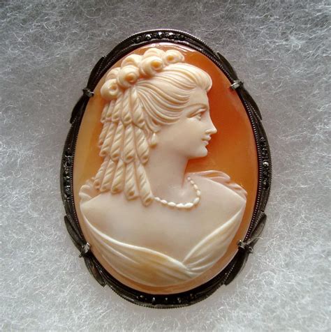 Vintage Carved Shell Cameo Silver And Marcasite Brooch Or Pendant