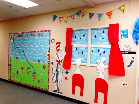the cat in the hat and thing 1 and thing 2 bulletin board and door 4 dr seuss classroom
