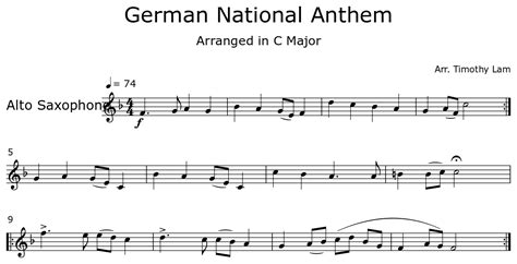 German National Anthem Sheet Music For Alto Saxophone