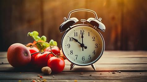 Premium Ai Image Alarm Clock With Vegetables On The Wooden Table Time
