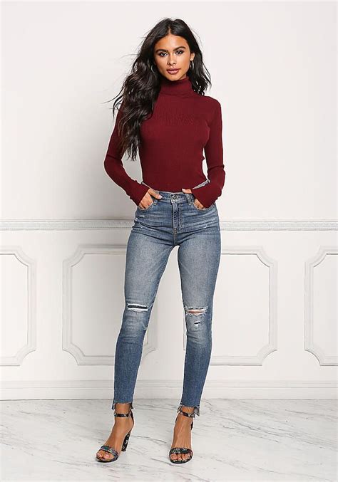 burgundy turtleneck ribbed knit top new jeans fashion outfits fall outfits skinny jeans