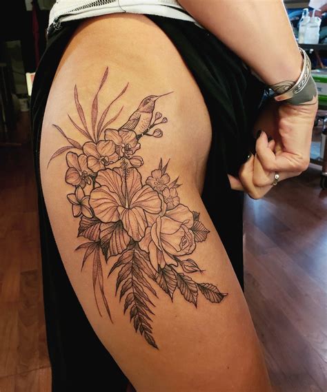 Hip Tattoo Tropical Flowers Hummingbird Tropical Flower Tattoos Flower Thigh Tattoos Tattoos