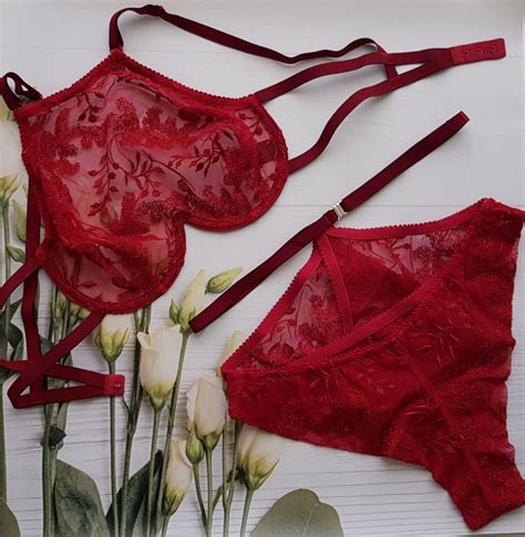 red sexy lace bra set ladies bra erotic high waist panty etsy