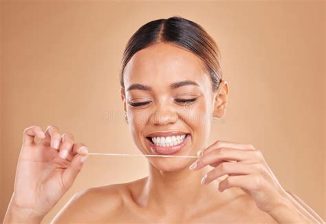 Happy Dental Floss And Woman In Studio For Teeth Cleaning And Oral