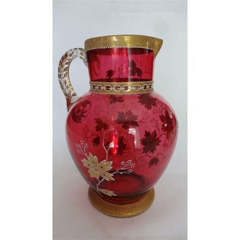 Moser Cranberry Coralene Pitcher And Glass Chairish