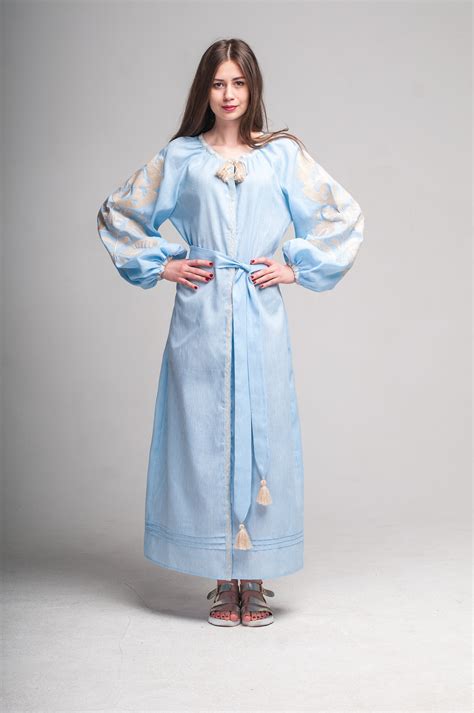 blue linen embroidered dress ruzha maxi etsy
