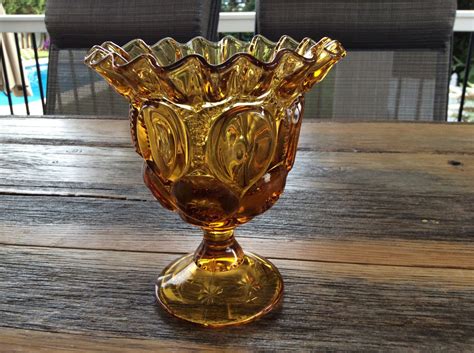 Vintage L E Smith Amber Moon And Stars Glass Compote Glass Bowl Crimped Edges By