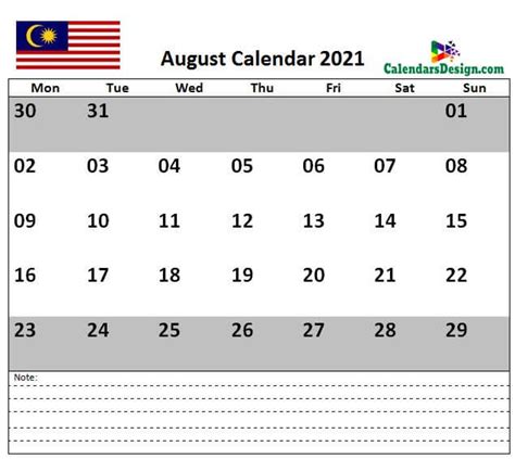 August 2021 Calendar Malaysia