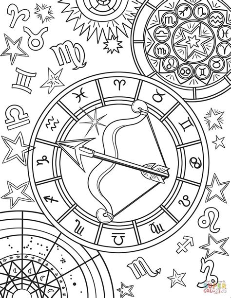 The Zodiac Signs And Astro Symbols Coloring Book Page With Black And