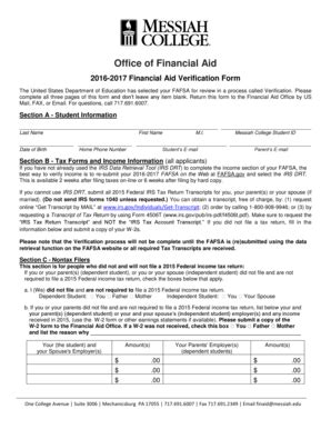 Fillable Online Messiah Financial Aid Verification Form