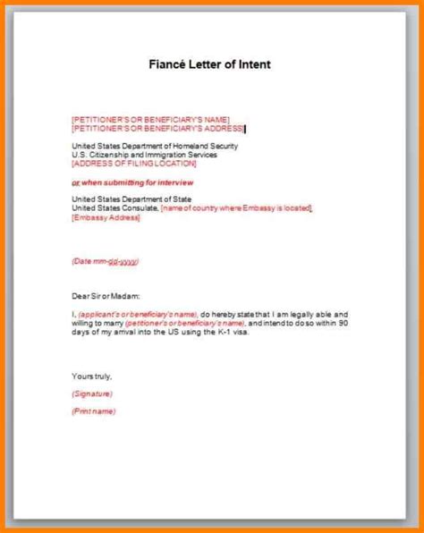 Fiance Visa Letter Of Intent Example