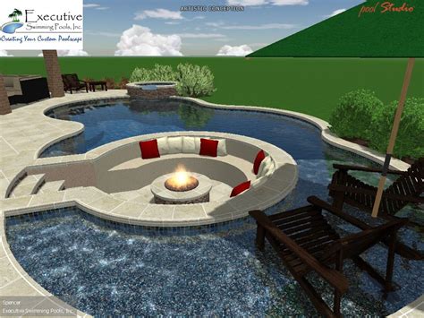 Custom Pool Design Sunken Seating Area With Fire Pit Fire Pit Seating