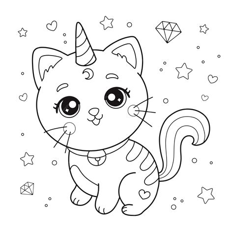 Dibujo De Lindo Gato Unicornio De Dibujos Animados Para Colorear Vector Premium