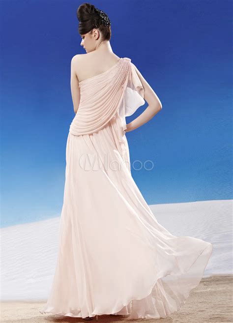 Pretty Nude A Line One Shoulder Pleated Chiffon Prom Dress Milanoo Com