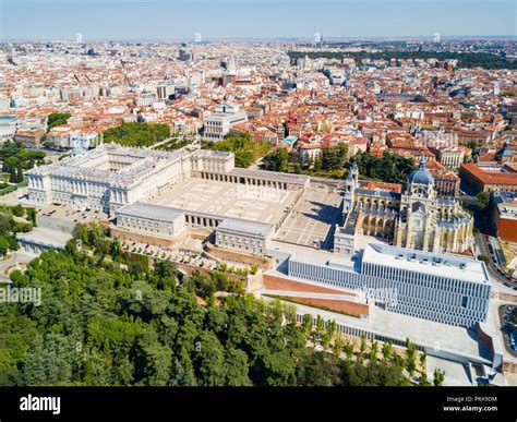 Almudena Cathedral And Royal Palace Of Madrid Aerial Panoramic View In