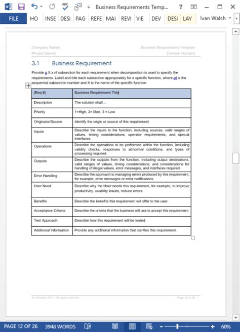 Business Requirements Specification Template Ms Wordexcelvisio