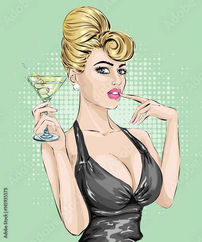 Sexy Pin Up Woman Drinking Martini Pop Art Hand Drawn Vector