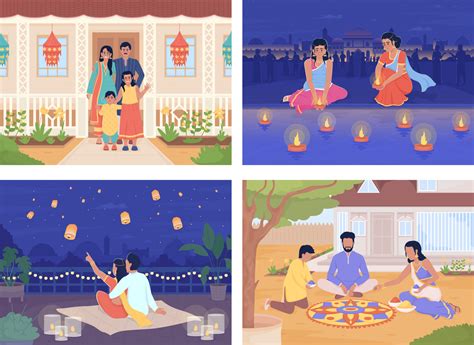 Celebrating Diwali with family flat color vector illustrations set