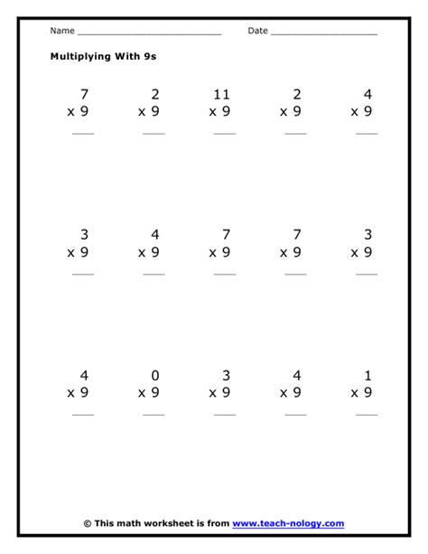 Multiplication By Nines Worksheet 85 Times Table Printable