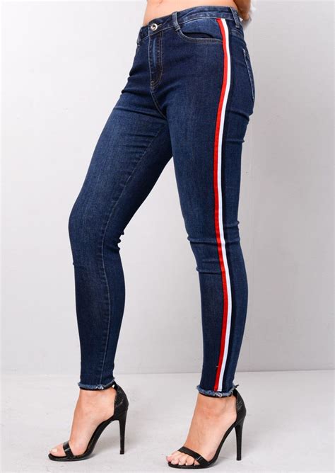 High Waisted Side Stripe Skinny Denim Jeans Blue Trendy Outfits Side Stripe Clothes