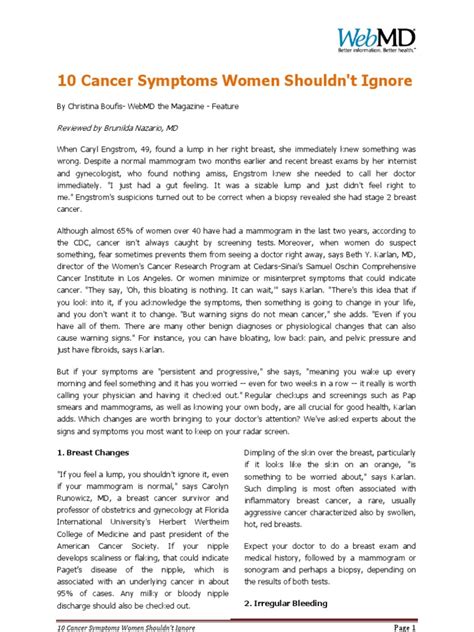 10 Cancer Symptoms Women Shouldnt Ignore Pdf Breast Cancer Cancer