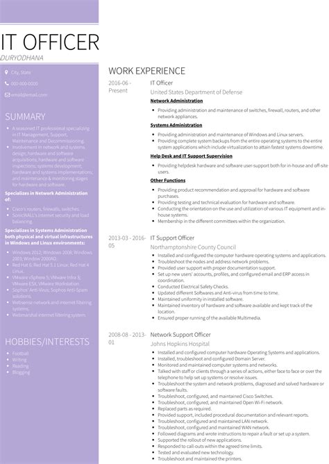Personal profile statement a motivated, adaptable and responsible computing graduate seeking a position in an it position which will utilise the check out the templates below for more cv samples It Officer - Resume Samples and Templates | VisualCV