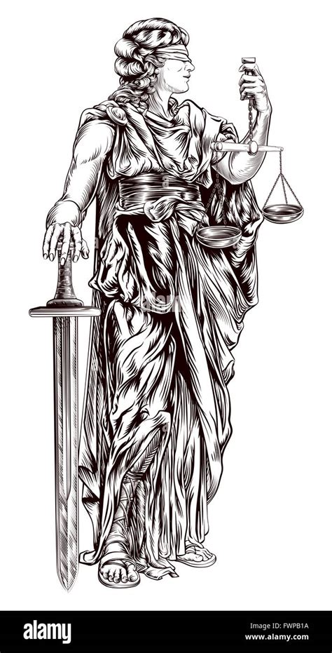 An Original Illustration Of Lady Justice Holding Scales And Sword And