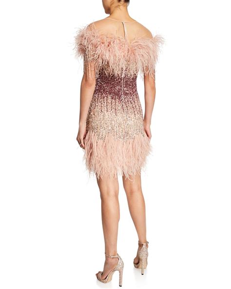 Pamella Roland Ostrich Feather Sequined Cocktail Dress In Pink Lyst