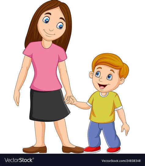 vector illustration of cartoon mother holding her son s hand download a free preview or high