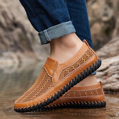 2020 Summer Genuine Leather Men Loafers Breathable Mesh Shoes Soft