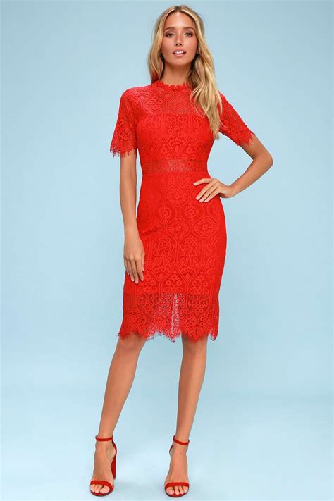 Chic Red Dress Red Lace Dress Red Sheath Dress Strapless Bodycon