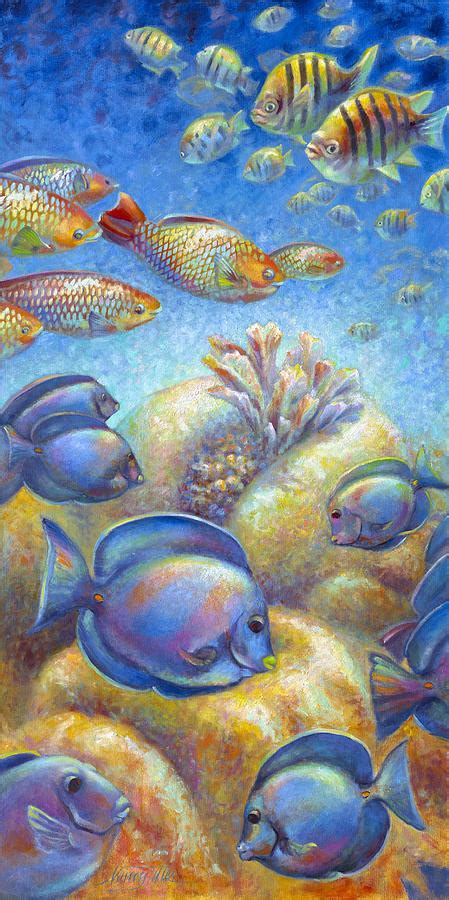 Hues of blue are predominant while having orange, yellow, purple, green and white tones as. Coral Reef Life II Painting by Nancy Tilles